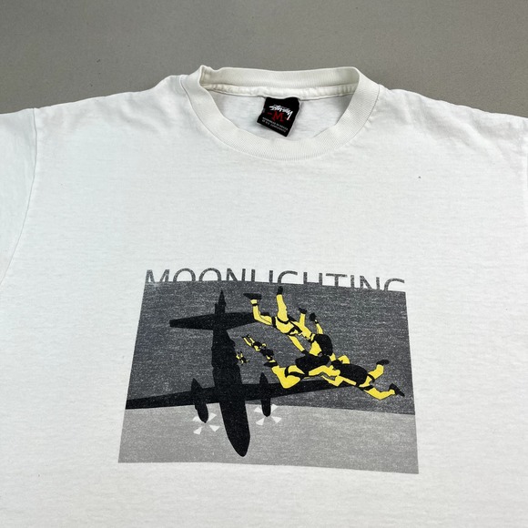 Vintage Stussy T-Shirt Adult Medium White Moonlighting Futura Plane Skydive y2k - Picture 2 of 13
